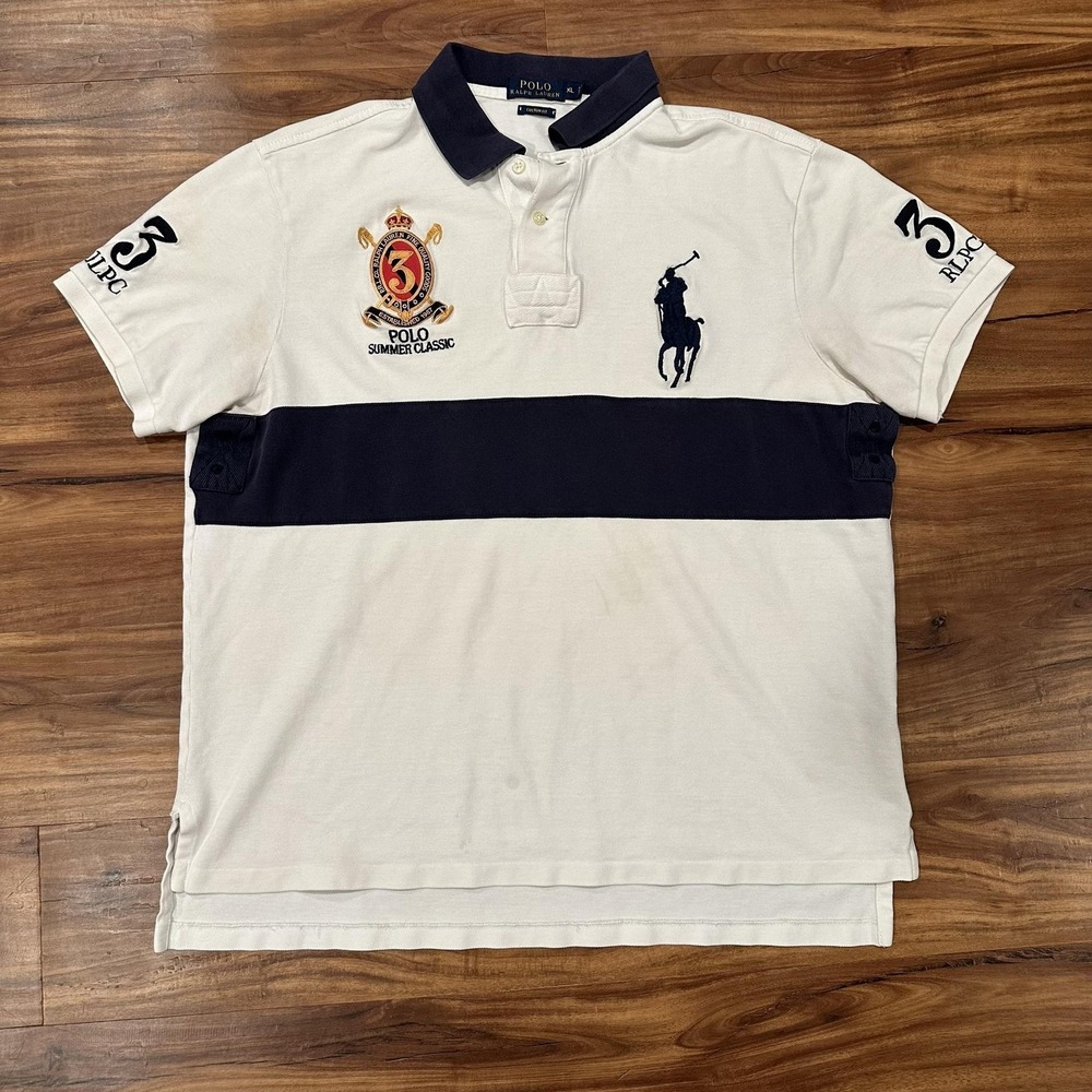 Polo Ralph Lauren Polo Shirt Mens XL White Navy Colorblock Big Pony Custom Fit 3
